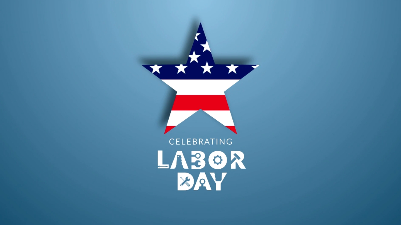 Labor Day graphic with a patriotic star in red, white, and blue on a blue background