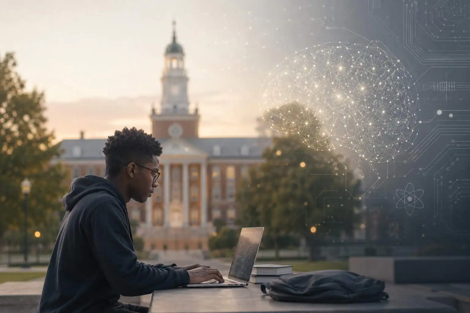 Student using a laptop with an AI brain graphic in the background.