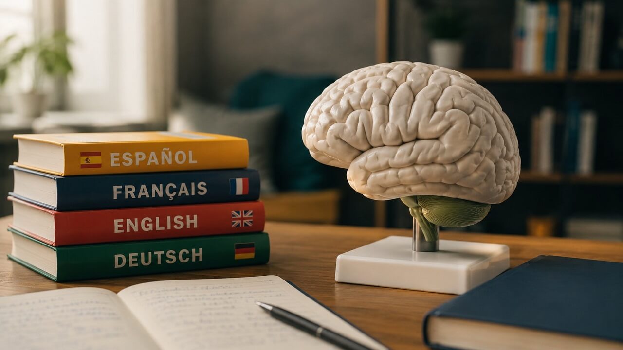 Multilingualism and brain aging illustrated with language books and a human brain model