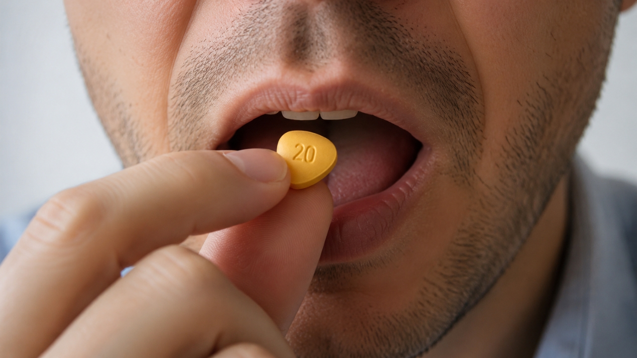 Man holds a yellow erectile dysfunction pill marked 20 near his mouth