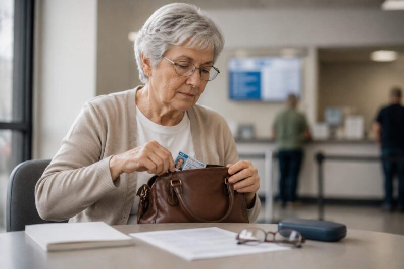 Older woman organizing her license and paperwork at a DMV office.