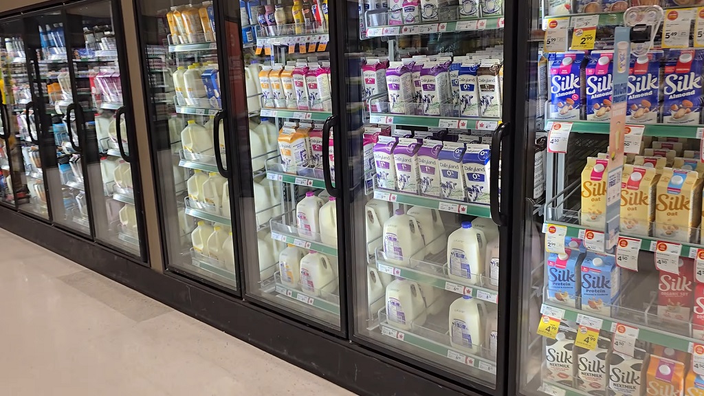 Dairy products on supermarket shelves