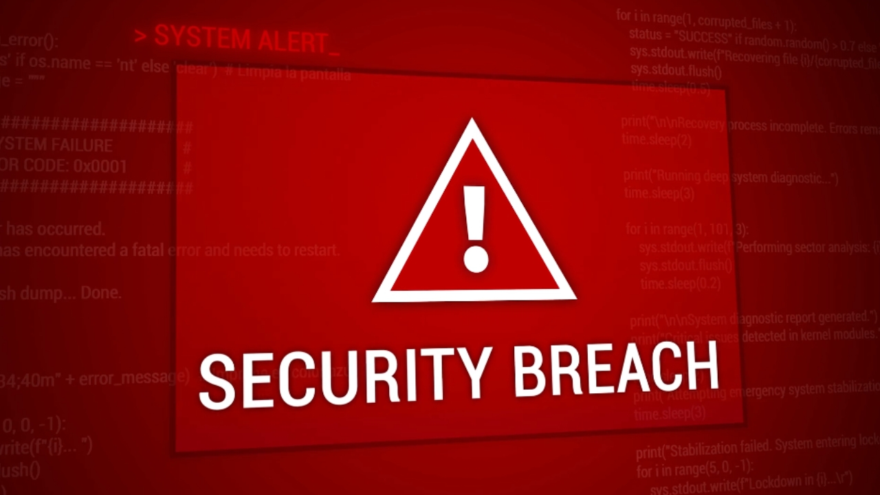 Red security breach alert with an exclamation symbol on a computer screen