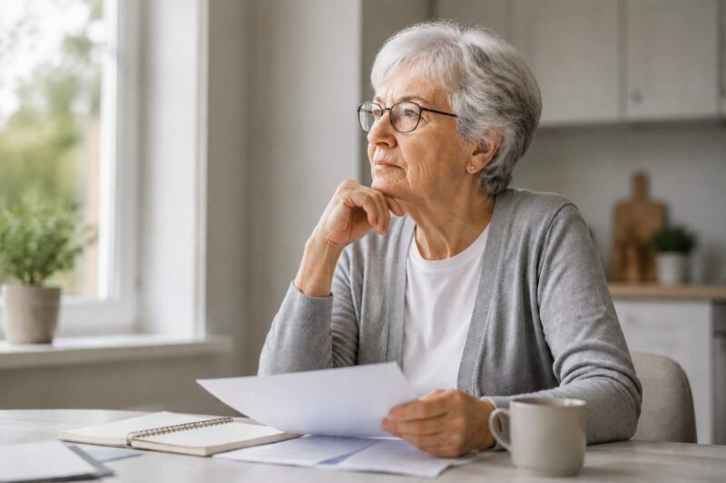 Older woman reviewing driver’s license renewal paperwork at home.