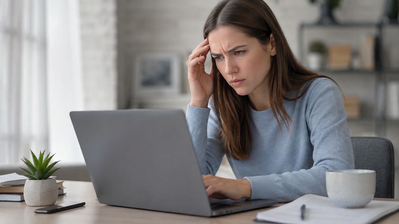 Woman looks frustrated as she tries to access a patient portal on her laptop