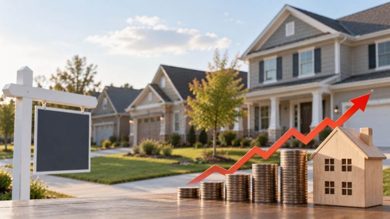 Rising home values illustrated with houses, coins and an upward arrow