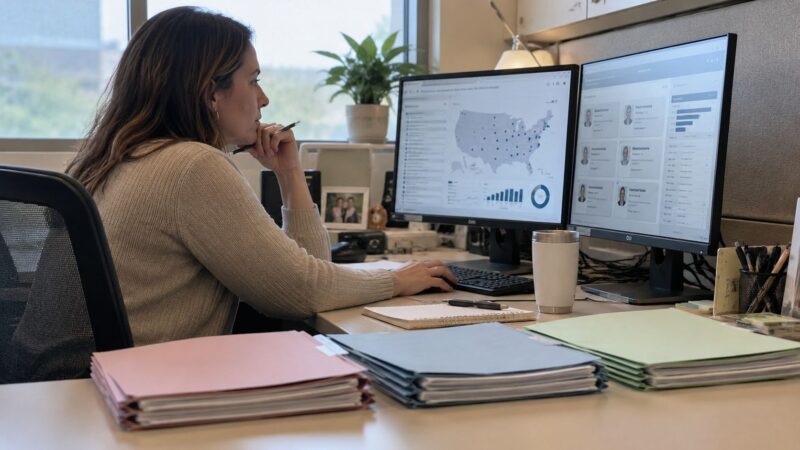 Healthcare analyst reviewing provider data on dual monitors