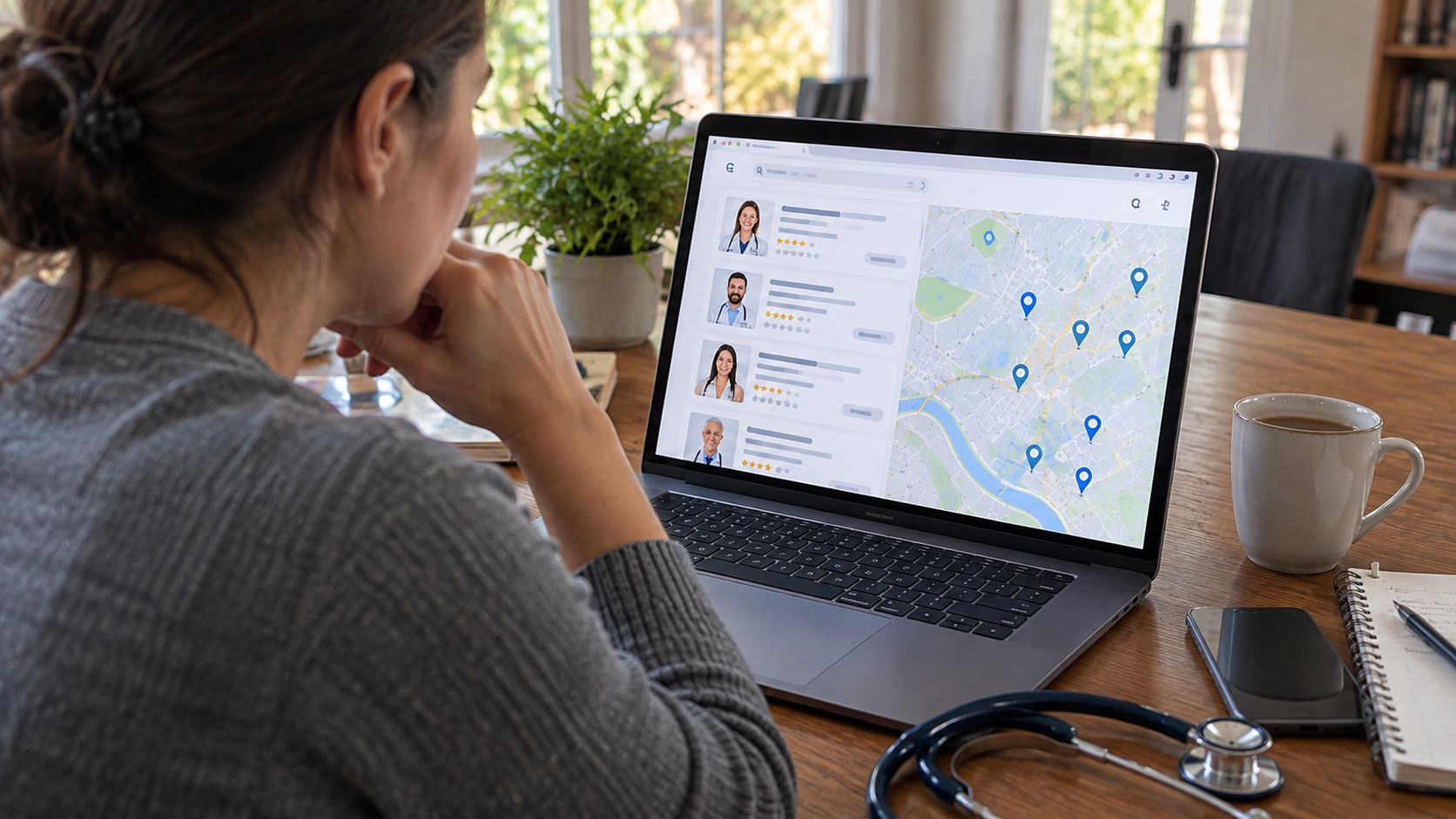 Woman viewing a healthcare provider directory on a laptop
