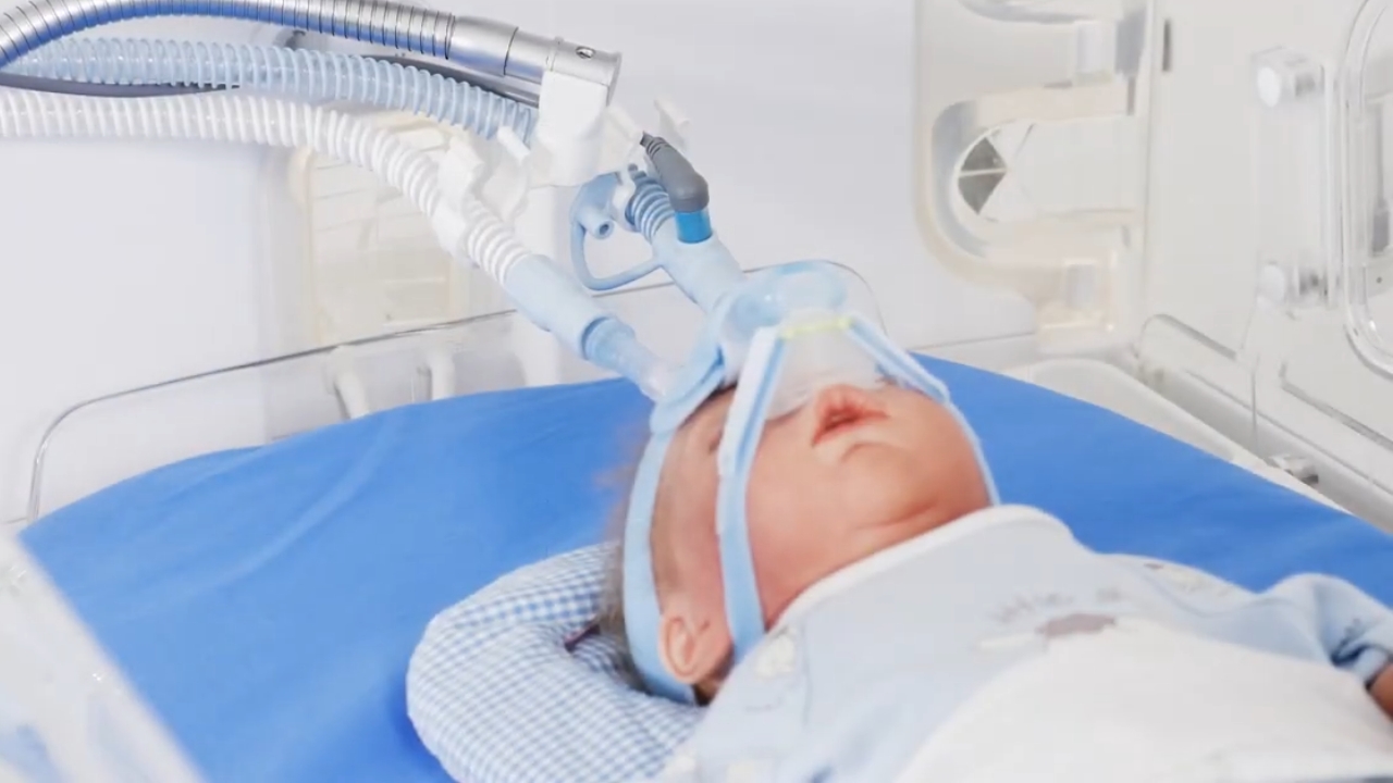 Newborn receives respiratory support through a neonatal circuit inside an incubator.