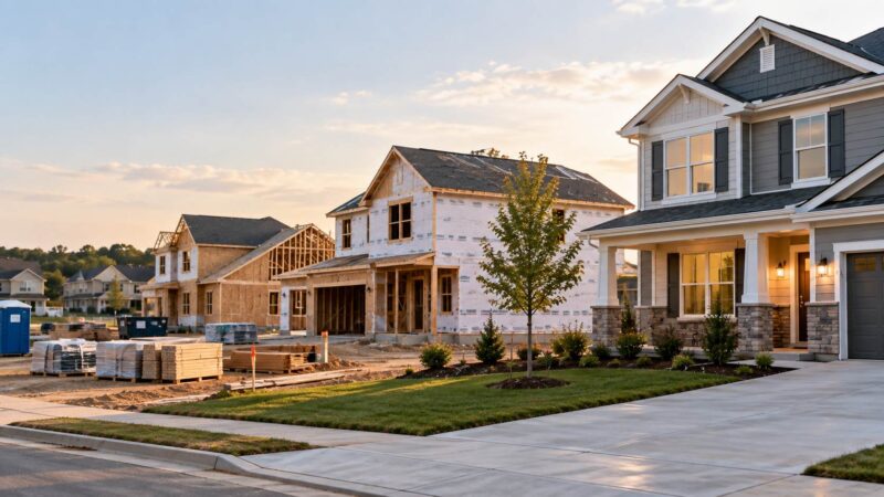 New homes under construction beside a completed house.