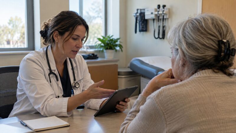 Doctor showing healthcare information to an older patient