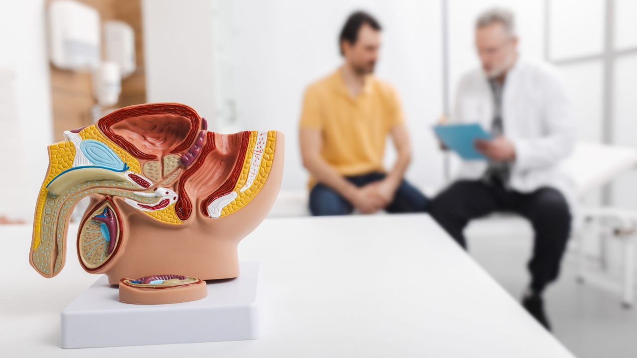 A prostate anatomy model sits in front of a patient and doctor at a medical consultation.