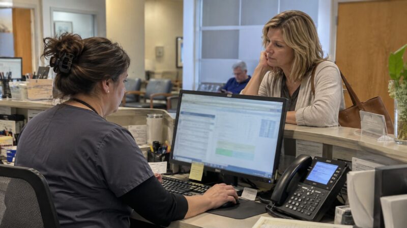 Patient speaking with clinic staff at a reception desk