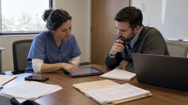 Two healthcare workers reviewing provider information on a tablet