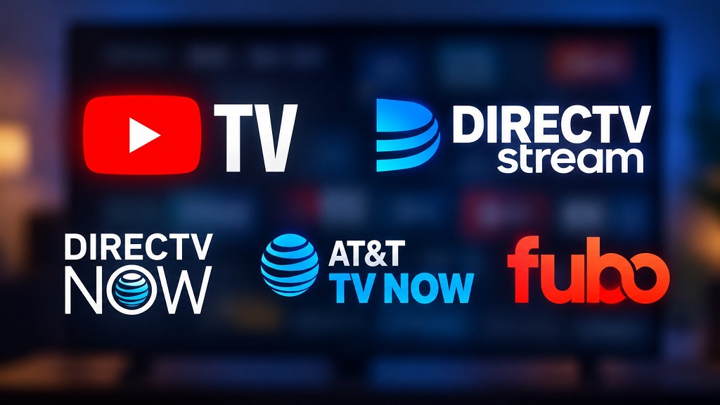 Logos of YouTube TV, DirecTV Stream, DirecTV Now, AT&T TV Now, and Fubo over a blurred television background