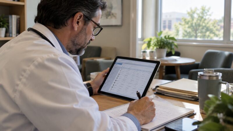Doctor reviewing provider records on a tablet