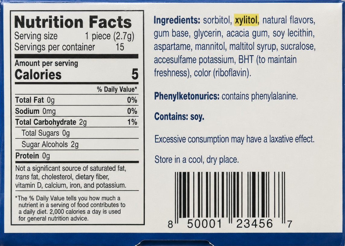 Wxample of a product label with Xylitol as one of ingredients.