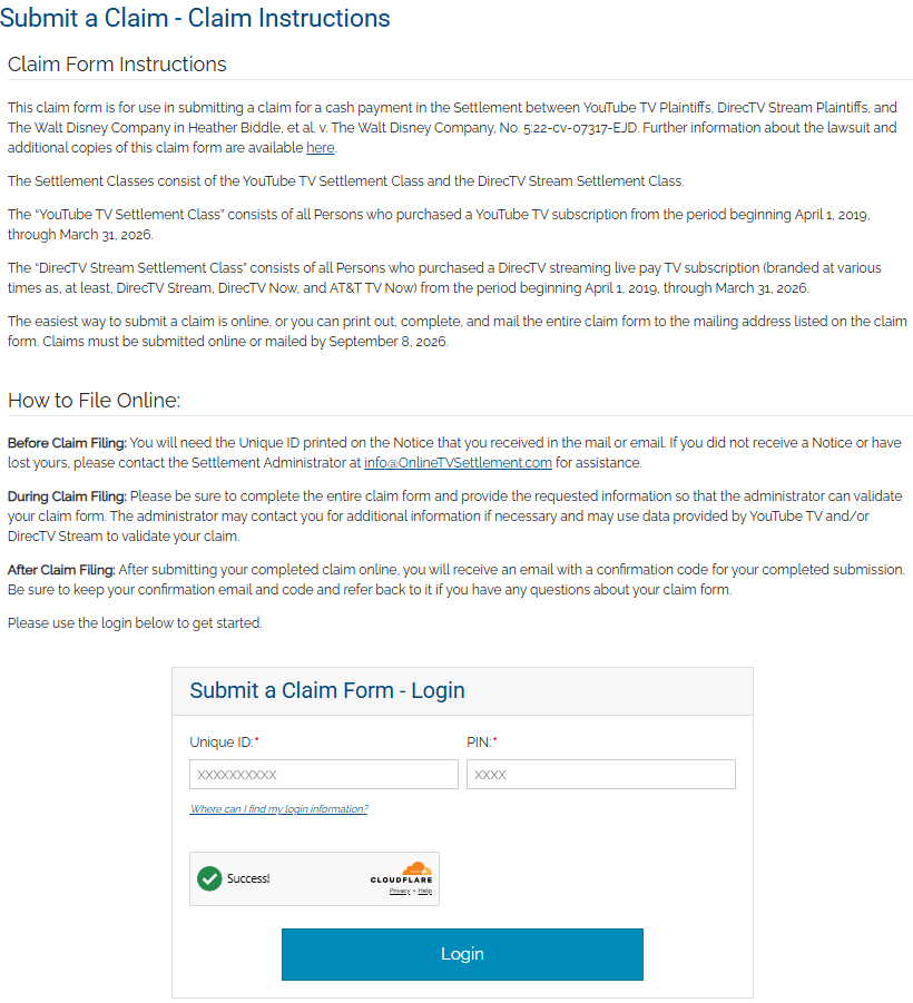 YouTube TV settlement claim instructions showing the September 8, 2026 filing deadline