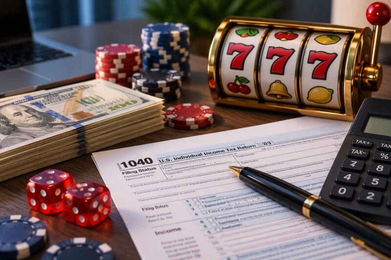 Casino winnings, cash, poker chips, and a slot machine beside a U.S. tax return and calculator.