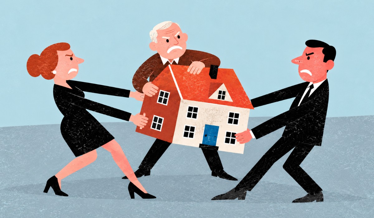 Illustration of three angry family members pulling a house in opposite directions during a dispute over inheritance.