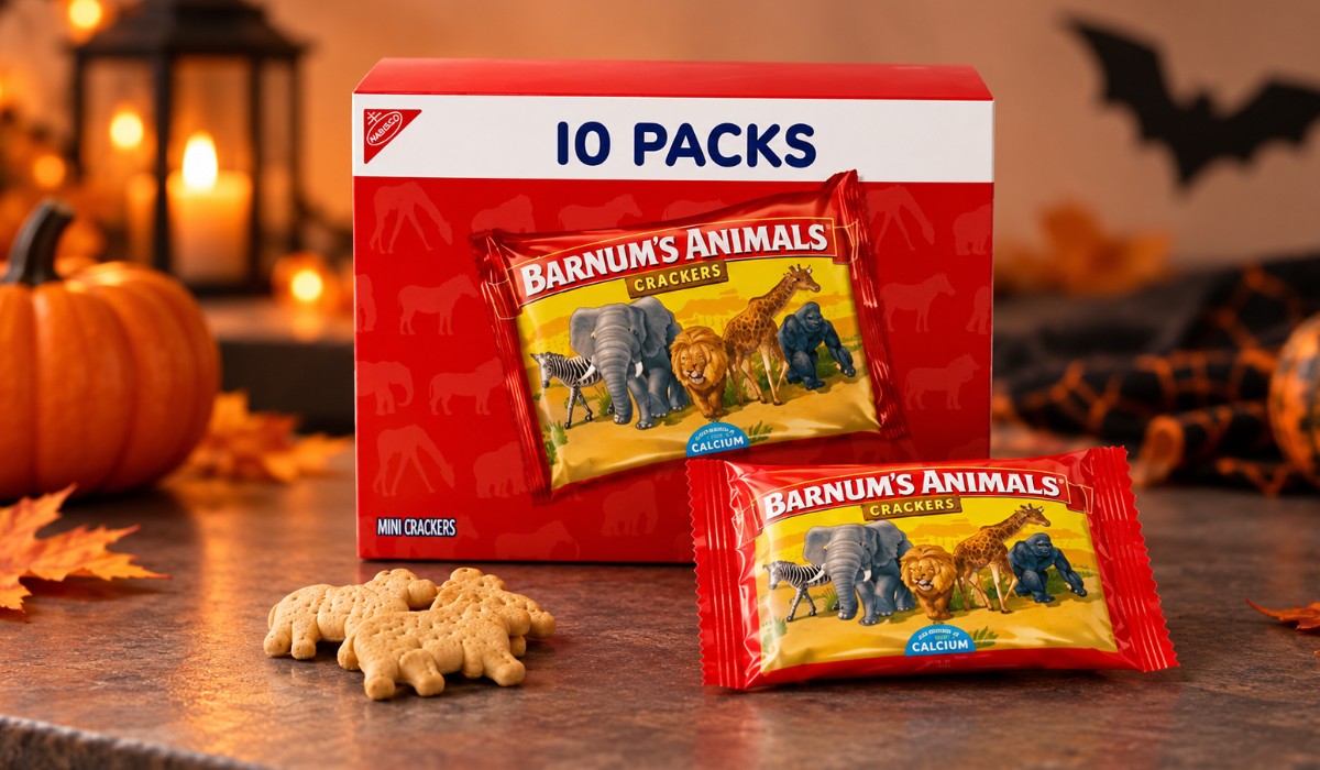 Barnum's Animals mini cracker packs with animal shaped cookies on a tabletop, decorated with a Halloween pumpkin, autumn leaves and a bat silhouette.