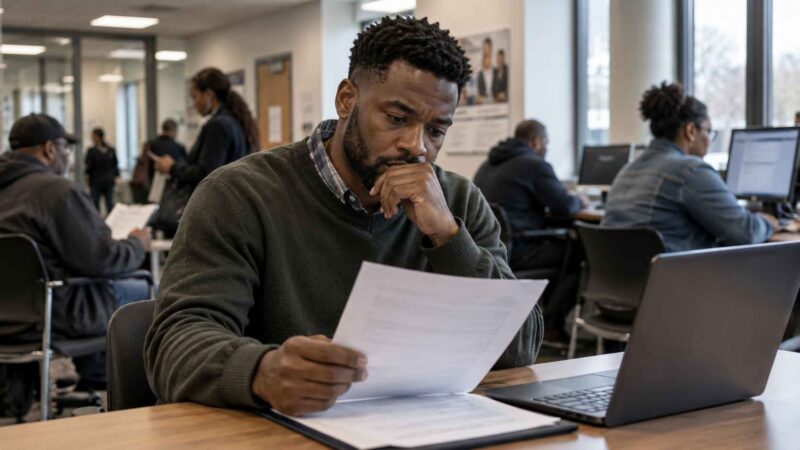 Black job seeker reviewing application papers at an employment center.