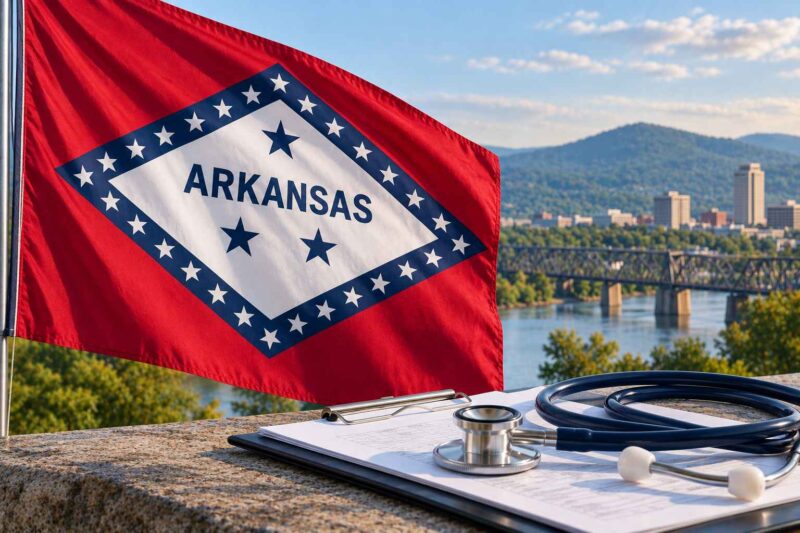 Arkansas state flag with a stethoscope and city landscape