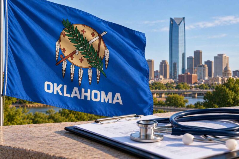 Oklahoma state flag with a stethoscope and Oklahoma City skyline