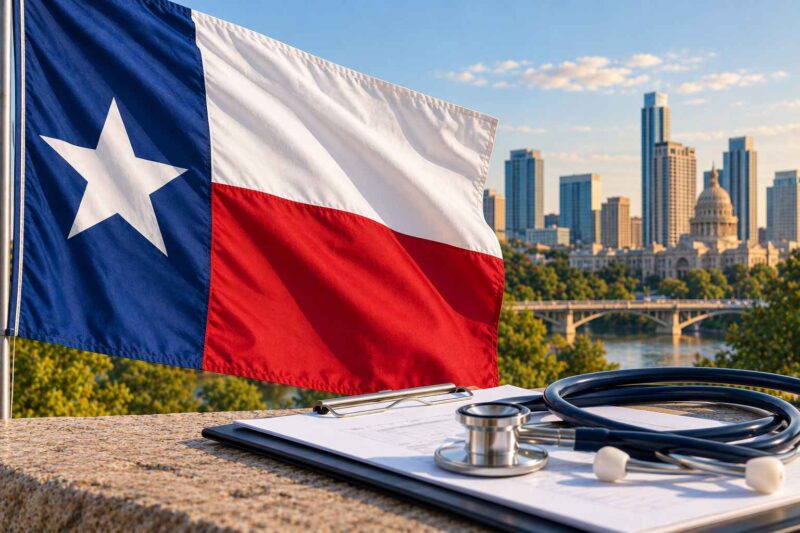 Texas state flag with a stethoscope and Austin skyline