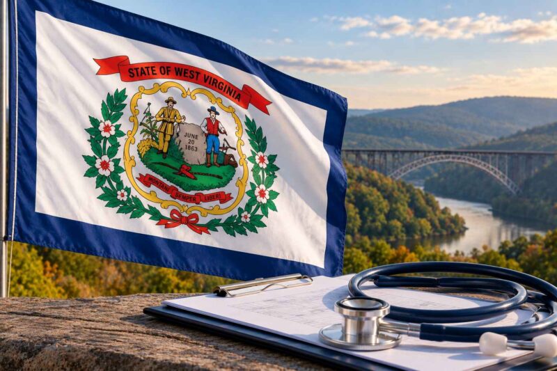 West Virginia state flag with a stethoscope and mountain landscape