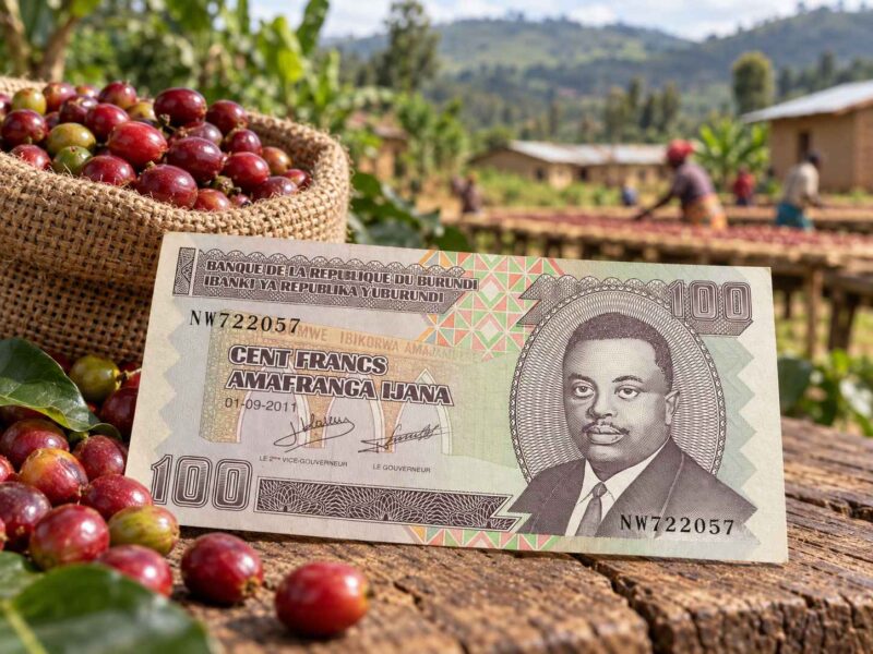 100 Burundian franc banknote at a coffee farm.