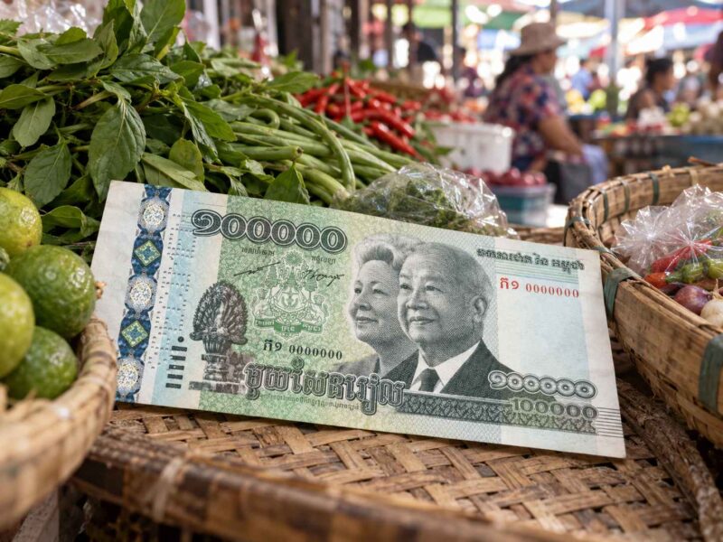 Cambodian 100,000 riel banknote at a produce market.
