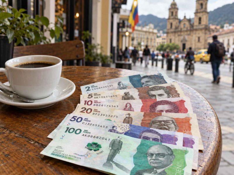 Colombian peso banknotes on a café table in Bogotá.