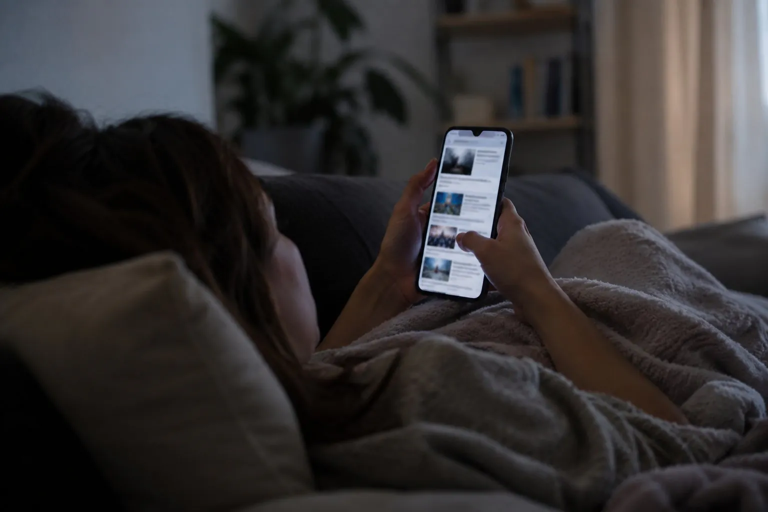 Woman reclining on a couch while scrolling through news articles on her smartphone.
