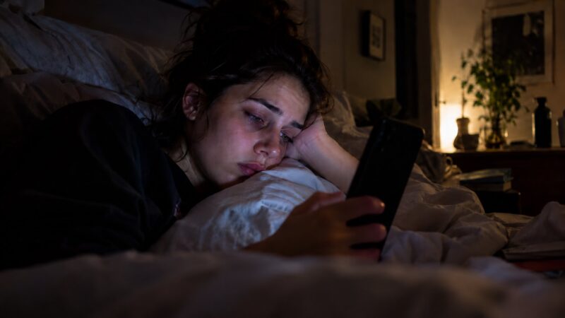Tired woman lying in bed at night, looking at her smartphone in a dimly lit bedroom.