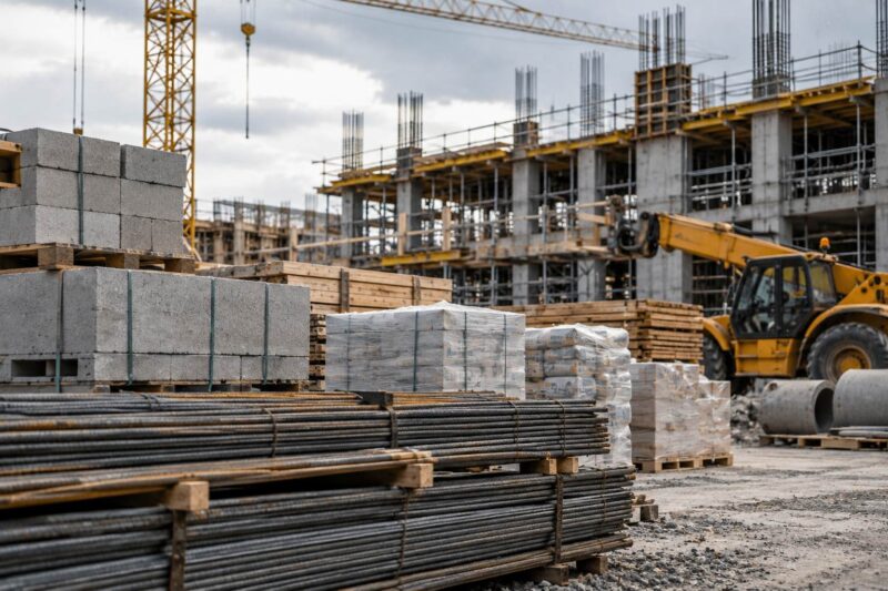 Stacks of steel rebar, concrete blocks, lumber, and heavy equipment at an active construction site.