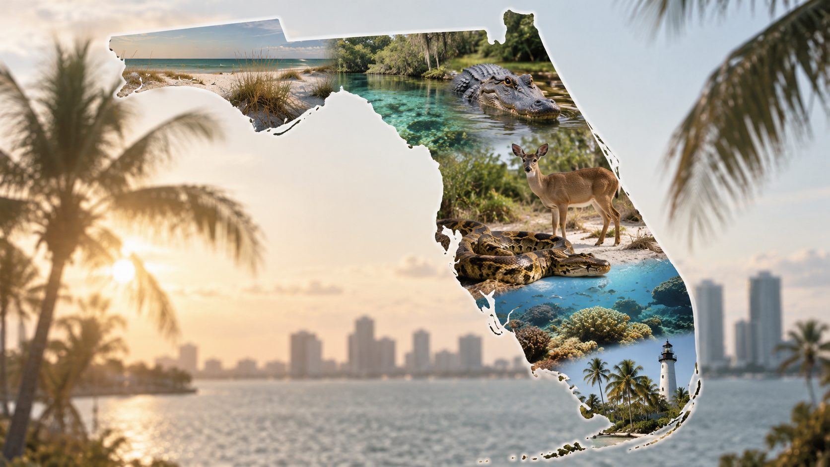 Florida-shaped collage featuring an alligator, Key deer, python, coral reefs, beaches and coastal scenery.