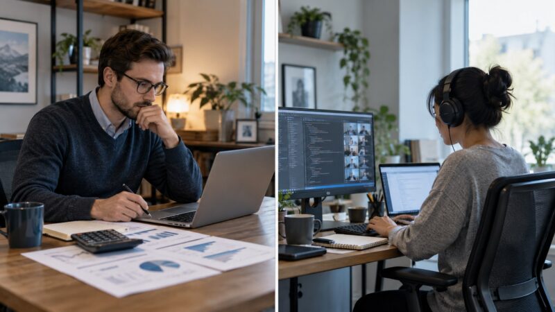 Two remote workers using laptops and monitors in separate home workspaces.