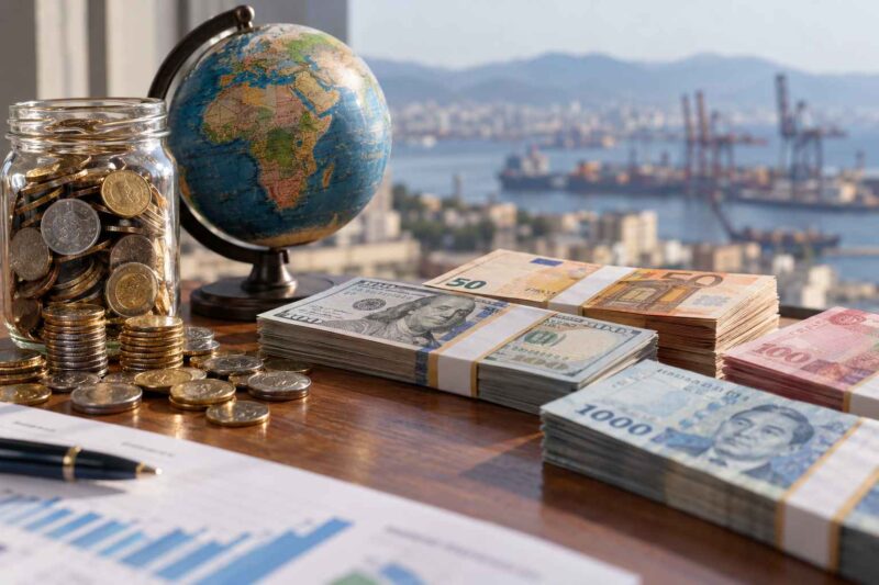 Global currencies, coins and a globe representing foreign exchange reserves.