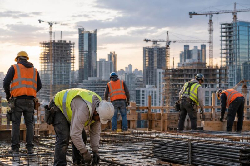Construction workers installing steel reinforcement at a high-rise building site.