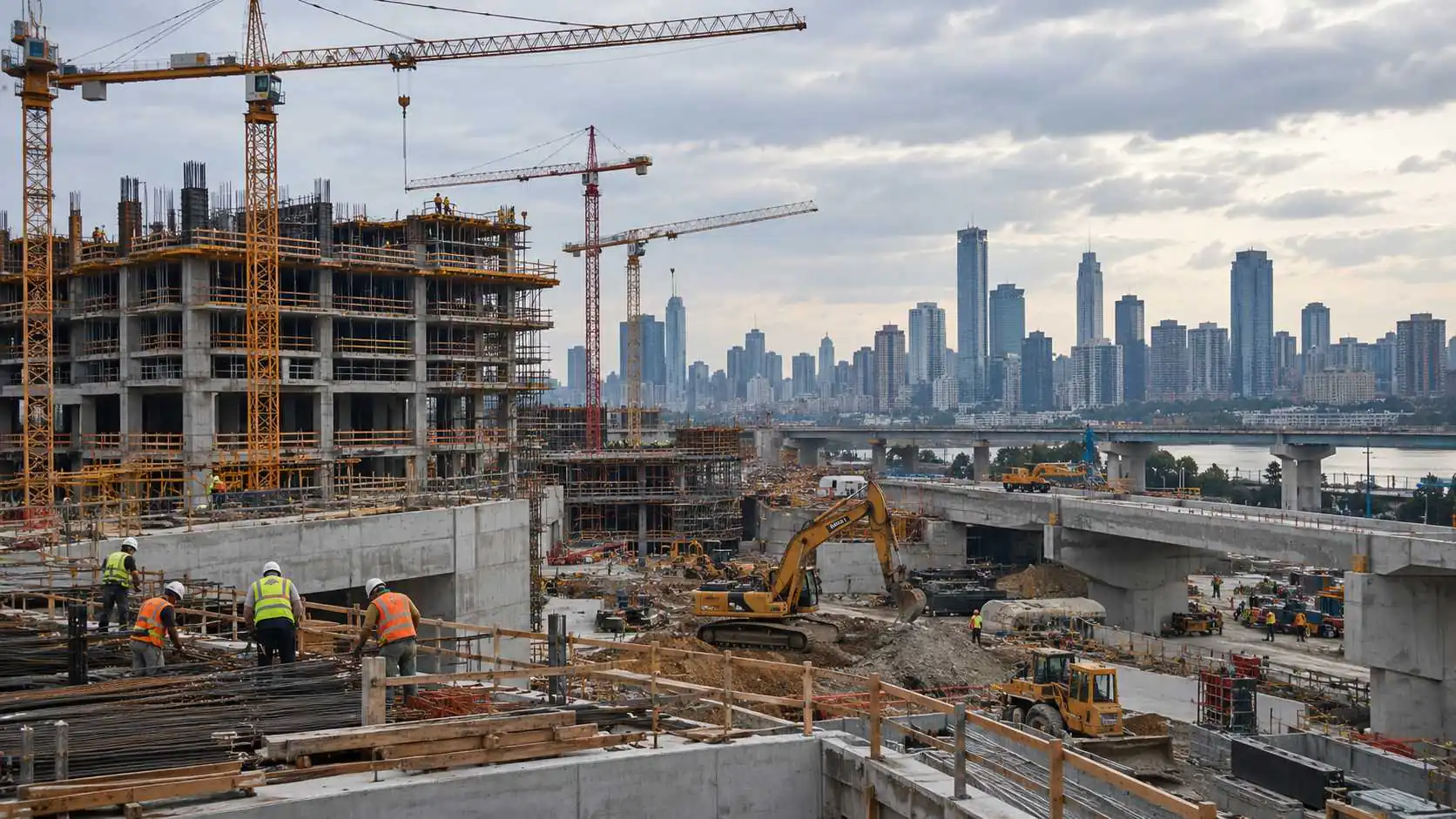 Construction workers, cranes, and heavy machinery at a large urban building site.