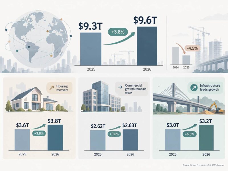 Infographic comparing global construction market values and sector growth between 2025 and 2026.