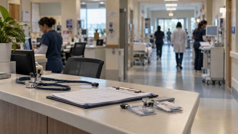 Hospital staff working in a busy clinical corridor and nurses’ station.