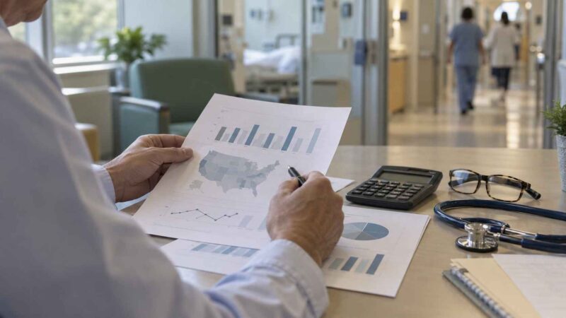 Healthcare professional reviewing hospital cost data and U.S. state comparisons