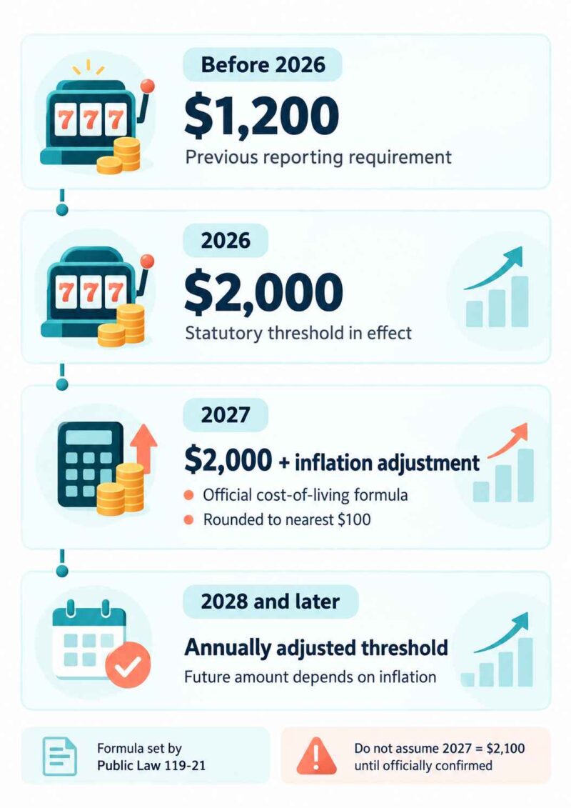 Infographic showing U.S. slot machine reporting thresholds from $1,200 before 2026 to inflation-adjusted amounts starting in 2027.