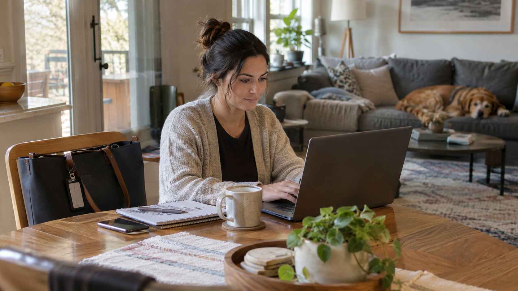 Woman working on a laptop at a dining table at home.