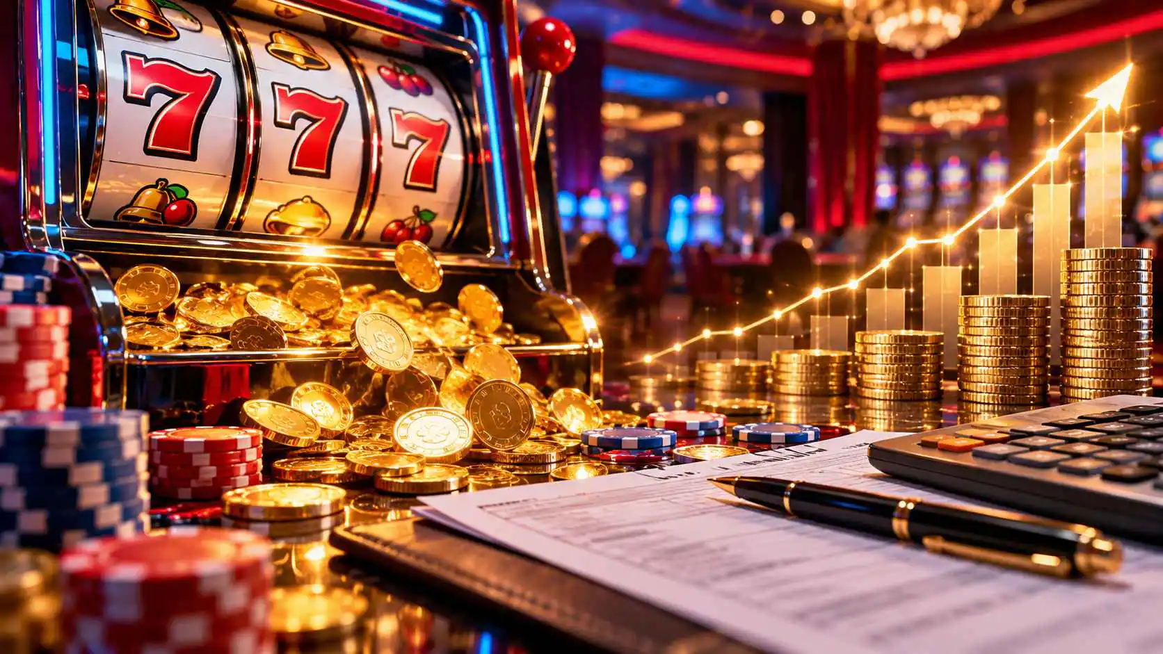 Casino slot machine with gold coins, poker chips, tax documents, and a rising financial graph.