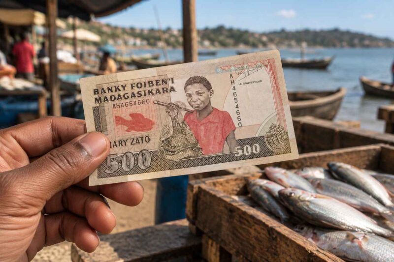 Hand holding a Malagasy ariary banknote at a fish market.