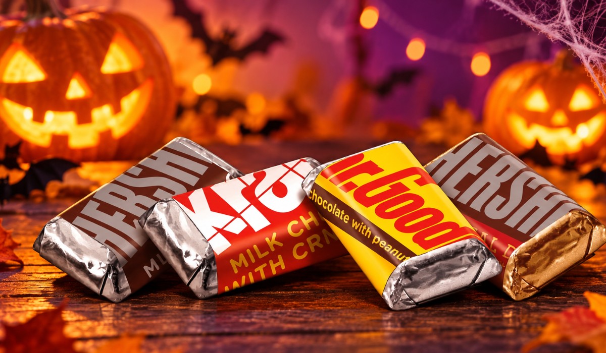 Halloween themed display of mini chocolate bars on a wooden surface with glowing jack o lanterns, autumn leaves, cobwebs and warm orange purple lights in the background.