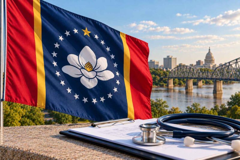 Mississippi state flag with a stethoscope and riverfront cityscape